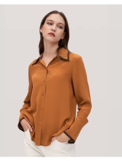 Silk Blouse for Women 19 Momme Real Silk Contrast Piping Silk Willow Shirt Tops