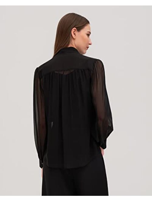 LilySilk Womens Silk Shirt Ladies Elegant Long Sleeve Blouse with Sheer Silk Georgette and Dressy Bow