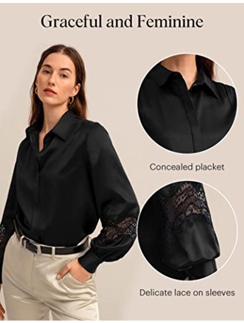 LilySilk 22 Momme Pure Silk Blouse for Women Elegant Lace Stitched Long Sleeves Retro Classic Shirt for Ladies
