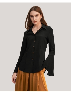 Pure Silk Shirt Womens 18 Momme Classic Blouse with Puff Sleeve and Pleated Back for Casual or Business