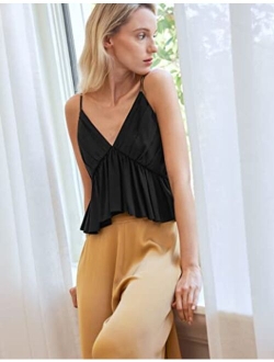 Womens Silk Camisole 18 Momme Mulberry Silk Pleated Tank Top for Women with V-Neck