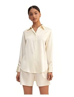 Silk Pajama Set for Women 22 Momme Silk Trendy Cropped Button-up Sleepwear Top & Short Pants 2 Piece PJ Set