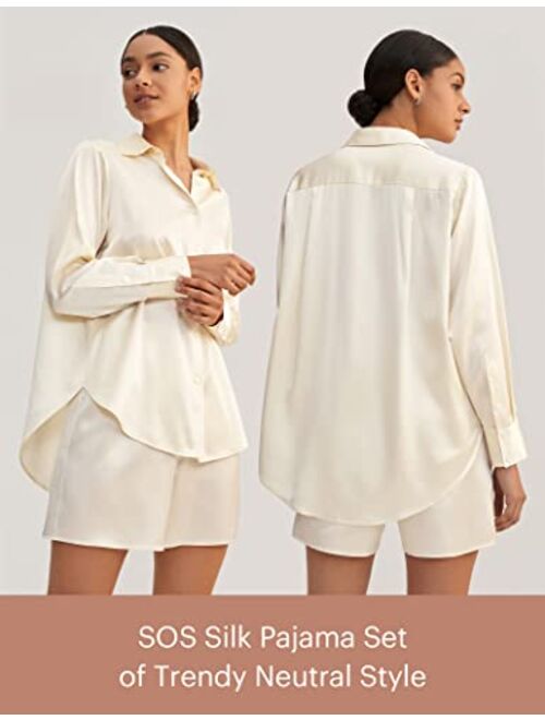LilySilk Silk Pajama Set for Women 22 Momme Silk Trendy Cropped Button-up Sleepwear Top & Short Pants 2 Piece PJ Set