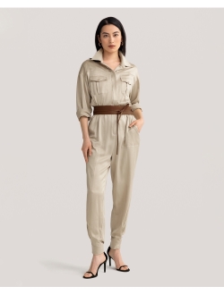 Womens Silk Jumpsuit Sand-Wash 22MM Mulberry Military Silk Long Sleeve Pocket Playsuit Ladies Fall