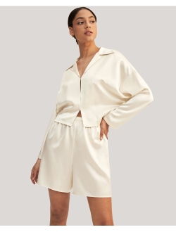 Silk Pajama Set for Women 22 Momme Minimalist Cropped Sleepwear Top & Matching Shorts Pants 2PC Loungewear PJ Set