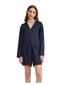 Silk Pajama Set for Women 22 Momme Minimalist Cropped Sleepwear Top & Matching Shorts Pants 2PC Loungewear PJ Set