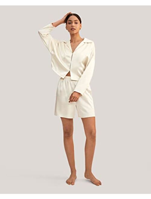 LilySilk Silk Pajama Set for Women 22 Momme Minimalist Cropped Sleepwear Top & Matching Shorts Pants 2PC Loungewear PJ Set