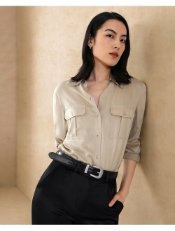 Womens Silk Shirt Ladies Sand-Wash 22MM Mulberry Silk Blouse with Military Uniform Design