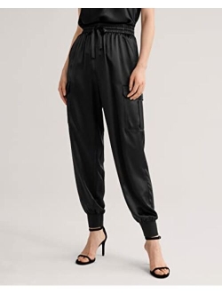 Women's Silk Pants Military Stretch Ribbed Cuffs with Side Pockets Casual Soft Relaxed Fit Trousers for Ladies