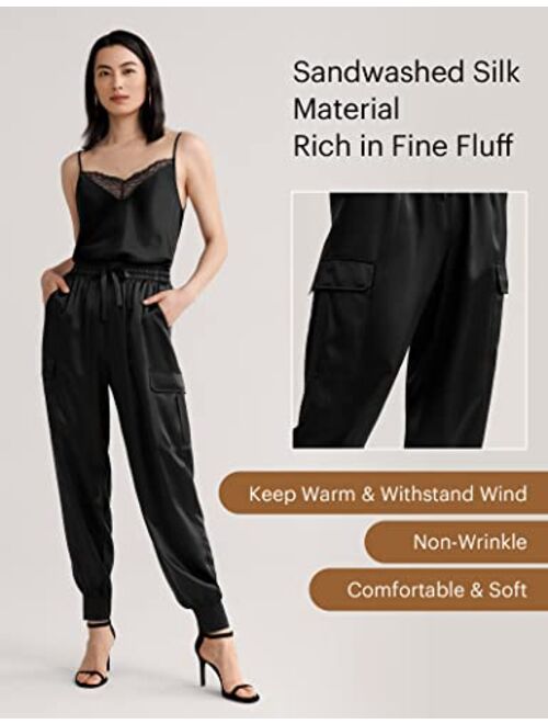 LilySilk Women's Silk Pants Military Stretch Ribbed Cuffs with Side Pockets Casual Soft Relaxed Fit Trousers for Ladies