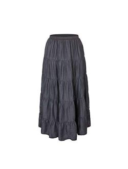 Tronjori Womens A Line Long Lightweight Tencel Denim Tiered Skirt with Multi Layers
