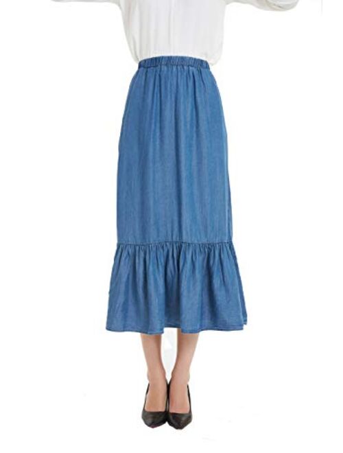 Tronjori Womens Tencel Denim Long Midi Skirt Pleated Hem