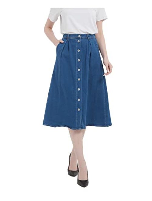 Tronjori Womens A Line Long Midi Denim Skirt with Button Front