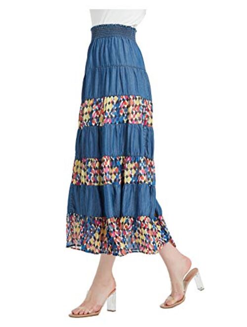 Tronjori Womens Tencel Denim Long Midi Skirt Tired Multi Layers Fancy Geometric Print Patchwork
