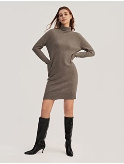 Womens Cashmere Knit Dress Ladies Long Pullover Sweatshirt Causal Sweater Dress with Turtleneck