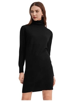 Womens Cashmere Knit Dress Ladies Long Pullover Sweatshirt Causal Sweater Dress with Turtleneck