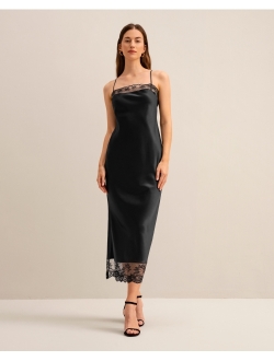 Womens Silk Dress with Lace 22 Momme Midi Maxi Dress Side Slit for Evening Gown Cocktail