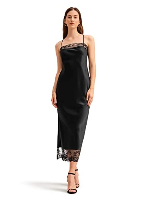 LilySilk Womens Silk Dress with Lace 22 Momme Midi Maxi Dress Side Slit for Evening Gown Cocktail