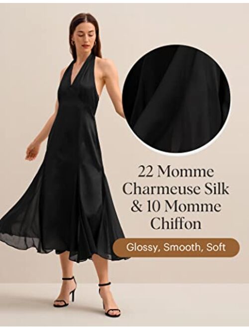 LilySilk Womens Silk Dress 22 Momme Sleeveless Maxi Midi Dress with Halter Neck and Chiffon Hem
