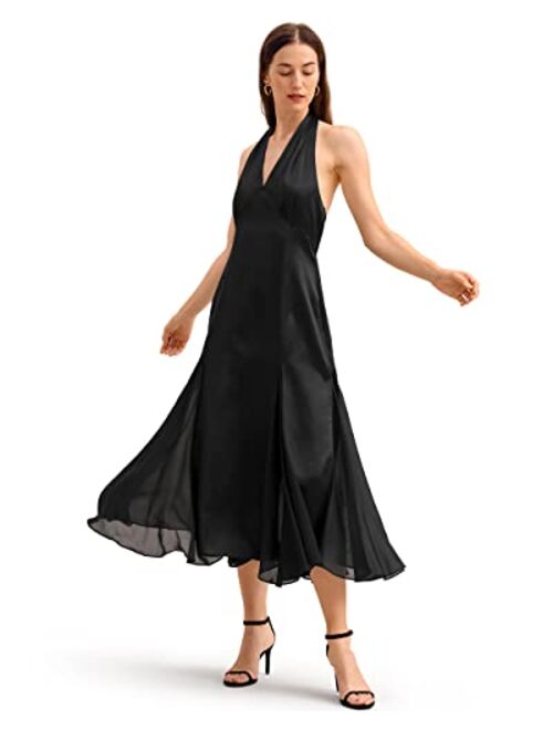 LilySilk Womens Silk Dress 22 Momme Sleeveless Maxi Midi Dress with Halter Neck and Chiffon Hem