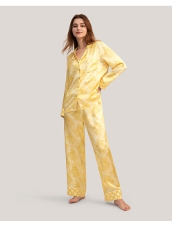 Silk Pajama Set for Women 19 Momme Golden Lily Printed Silk 2 Piece PJ Set