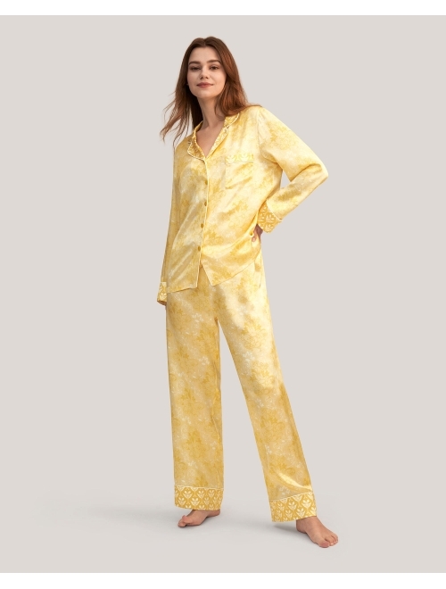 LilySilk Silk Pajama Set for Women 19 Momme Golden Lily Printed Silk 2 Piece PJ Set