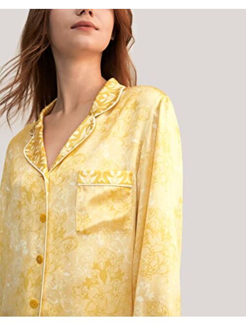 LilySilk Silk Pajama Set for Women 19 Momme Golden Lily Printed Silk 2 Piece PJ Set