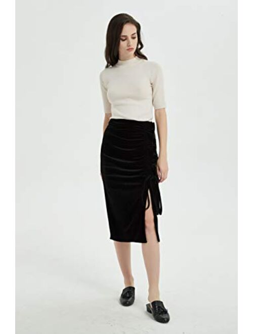 Tronjori Womens Vintage Print Velvet Midi Pencil Skirt with Ruffle Drawstring and Slit on The Front
