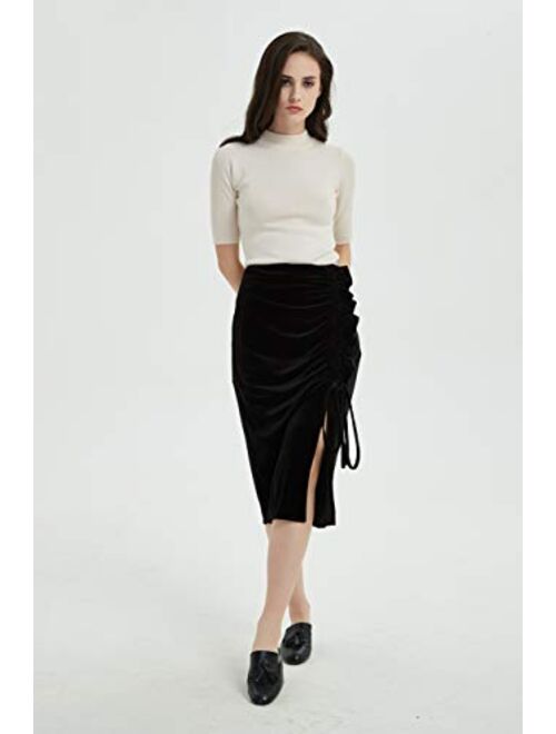 Tronjori Womens Vintage Print Velvet Midi Pencil Skirt with Ruffle Drawstring and Slit on The Front