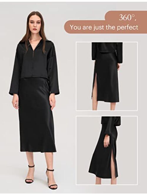 LilySilk Womens Silk Skirt with Slit 22 Momme Smooth Midi Skirt for Spring Summer