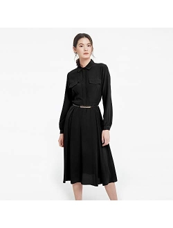 100% Silk Dress Retro Silk Maxi Shirt Dress with Utility Pockets & Metal Buckle Belt Causal