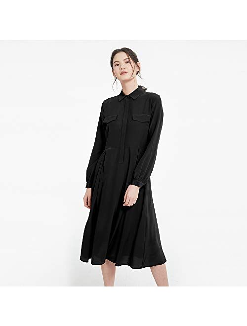 LilySilk 100% Silk Dress Retro Silk Maxi Shirt Dress with Utility Pockets & Metal Buckle Belt Causal