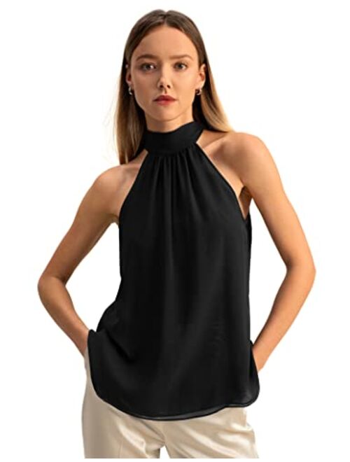 LilySilk Womens Pure Silk Blouse Ladies Elegant Georgette Sleeveless Halter Neck Top for Spring Summer Work Casual Party
