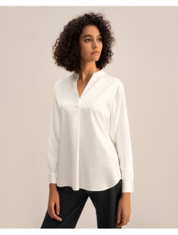 Womens 22MM Pure Silk Shirt Ladies Long Sleeve Classic Blouse with Thin Tonal Waist Cord Lightweight