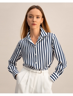Womens 22MM Pure Silk Shirt Ladies Blue White Pinstripes Blouse with V Neck and Long Sleeve for Work Casual