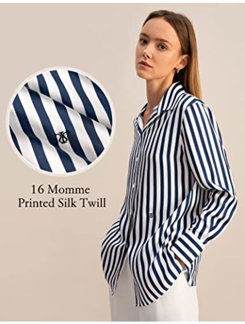 LilySilk Womens 22MM Pure Silk Shirt Ladies Blue White Pinstripes Blouse with V Neck and Long Sleeve for Work Casual