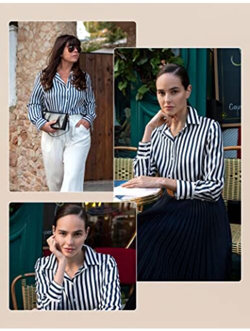 LilySilk Womens 22MM Pure Silk Shirt Ladies Blue White Pinstripes Blouse with V Neck and Long Sleeve for Work Casual