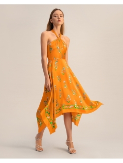 Silk Handkerchief Dress for Women Irregular Halter Long Midi Dresses Summer Vintage Spring Waltz Orange-Paisley