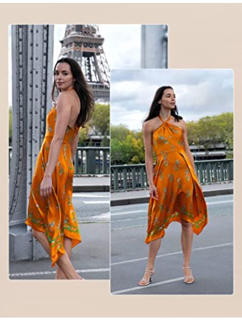 LilySilk Silk Handkerchief Dress for Women Irregular Halter Long Midi Dresses Summer Vintage Spring Waltz Orange-Paisley