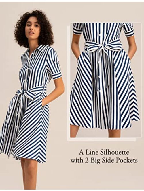 LilySilk Scarlet Silk Shirtdress for Women Short Sleeve Striped Long Shirt Dress Ladies with Pockets Blue-White-Pinstripes