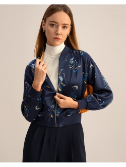 Spring Waltz Reversible Silk Jacket for Women Zipper Up Bomber Jacket Top Long Sleeve Stand Collar