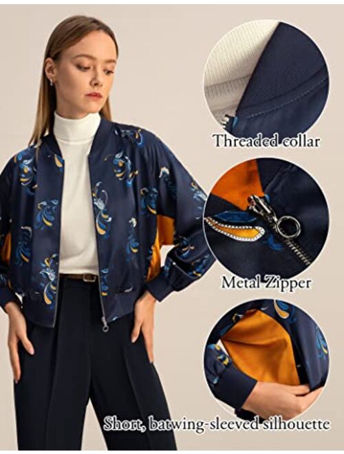 LilySilk Spring Waltz Reversible Silk Jacket for Women Zipper Up Bomber Jacket Top Long Sleeve Stand Collar