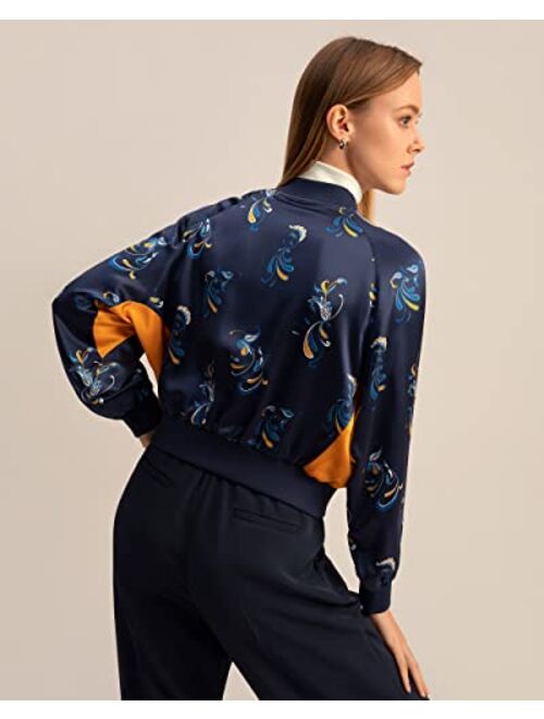 LilySilk Spring Waltz Reversible Silk Jacket for Women Zipper Up Bomber Jacket Top Long Sleeve Stand Collar