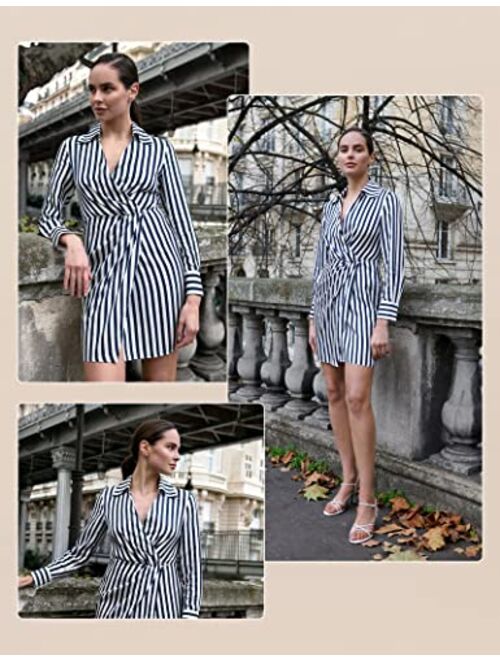 LilySilk Palma Silk Shirtdress for Women Long Sleeve Deep Neck Wrap Dresses Woman Semi-Formal Blue-White-Pinstripes