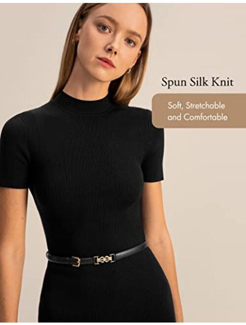 LilySilk Pallido Silk Sweater Dress for Women Crew Neck Short Sleeve Knit Slim Bodycon Dresses Ladies Soft