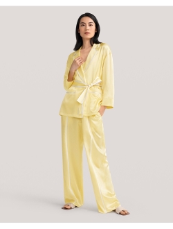 3PC Silk Pajamas Set with Robe for Women Camisole Pajama Set Silk Sleepwear Long Pants Summer Ladies Contrast Color