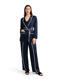3PC Silk Pajamas Set with Robe for Women Camisole Pajama Set Silk Sleepwear Long Pants Summer Ladies Contrast Color