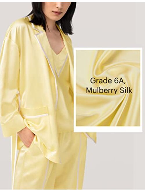 LilySilk 3PC Silk Pajamas Set with Robe for Women Camisole Pajama Set Silk Sleepwear Long Pants Summer Ladies Contrast Color