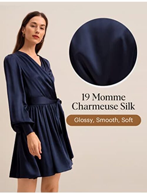 LilySilk Womens Silk Wrap Dress Ladies Pleated Evening Gown with Puff Sleeve Girls Maxi Midi Dress for Cocktail Party