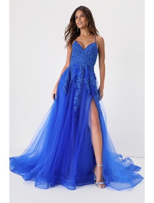 Lulus Everlasting Enchantment Royal Blue Embroidered Tulle Maxi Dress